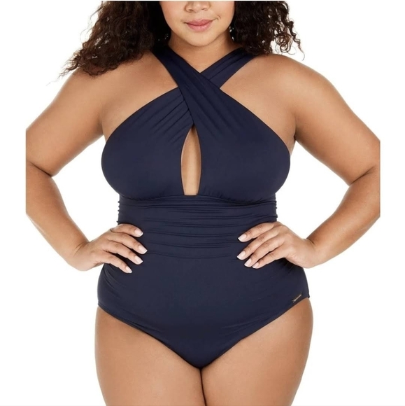 Michael Kors Navy Keyhole Tummy-Control One-Piece Swimsuit Size 24W - Picture 2 of 8